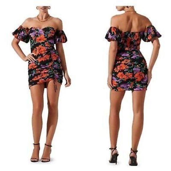 ASTR Floral Off Shoulder Ruched Mini Dress in Black Red Floral Small - Picture 1 of 9